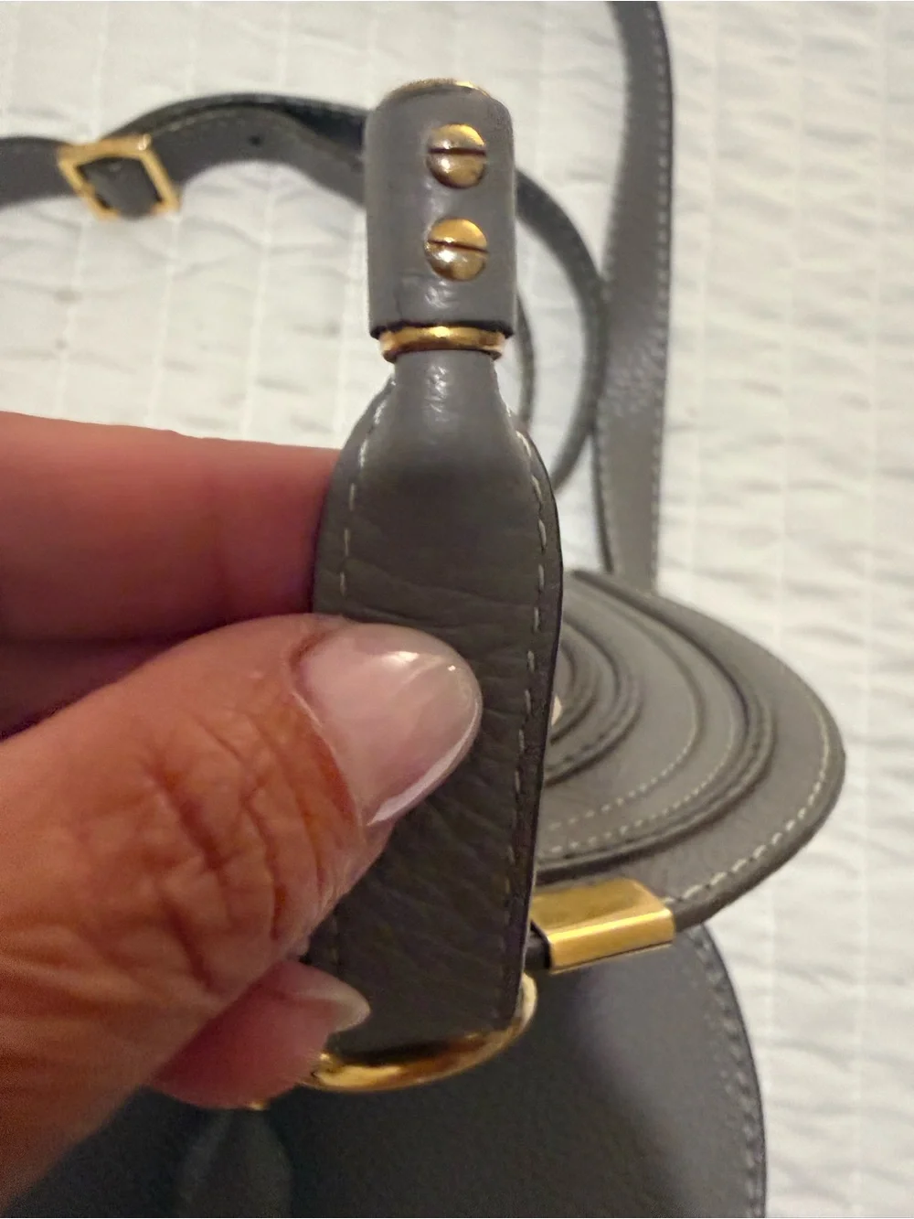 Chloe Grey Pebbled Leather Saddle Crossbody with Gold Hardware